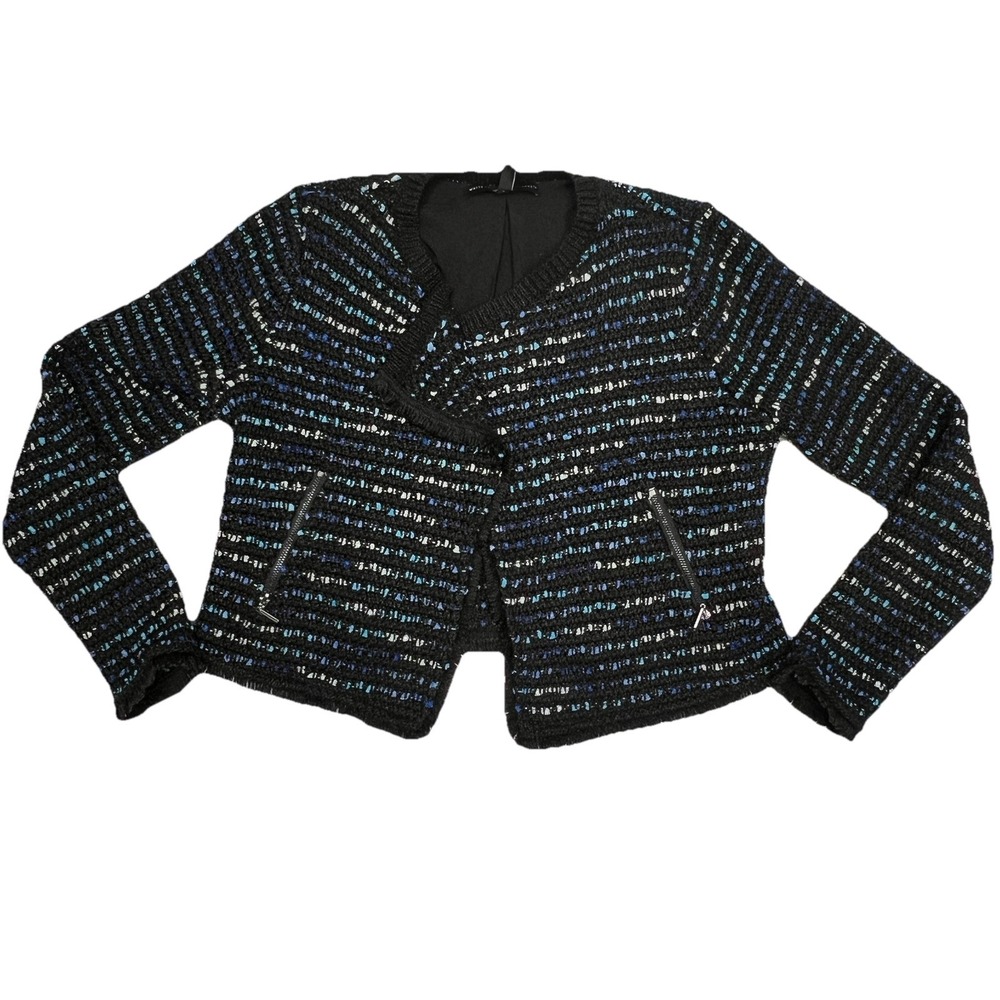 White House Black Market Women's Small Black Blue Blazer Tweed Fringe Cropped